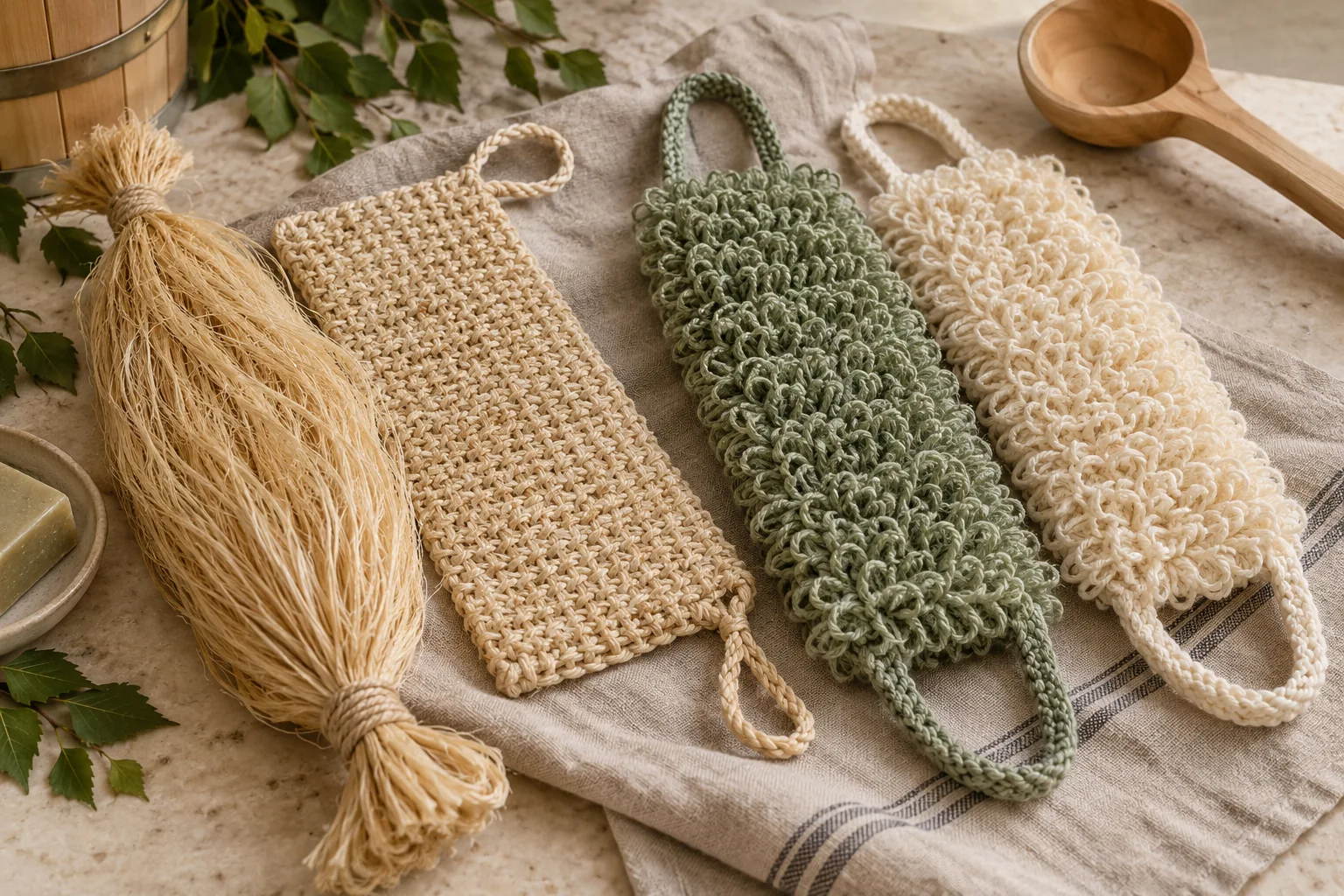 Goldene Lindenbast-Mochalkas und gestrickte Badeschwämme in Salbeigrün und Creme auf einem Leinentuch
